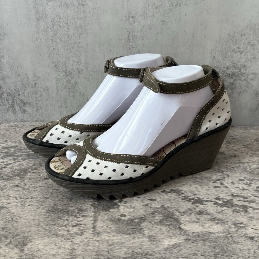 Fly London Ydel Sandals Perforated Wedge Heels White Leather Womens Sz EU40 US9
